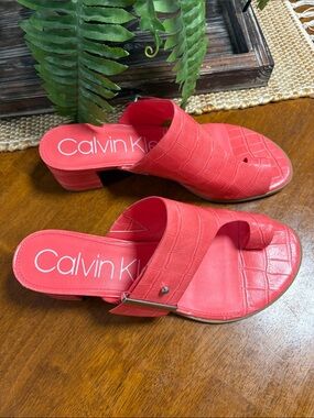 Calvin Klein Coral-Red Faux-Croc Slide Mules
